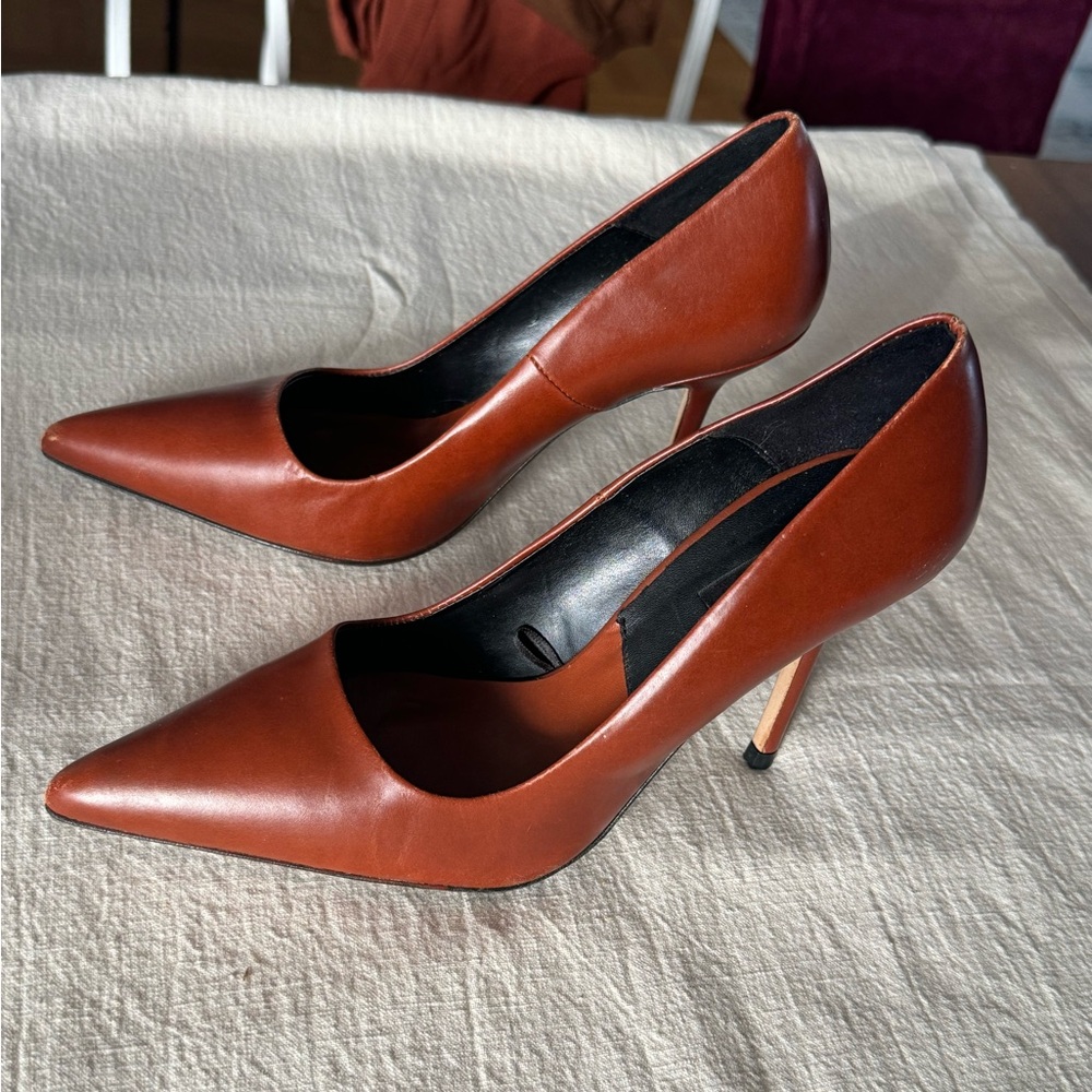 Zara Brown Pointed Toe Leather Stiletto Heels